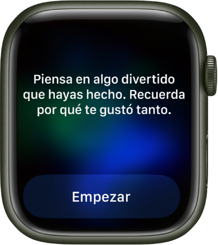 La app Atención Plena muestra una idea sobra la cual puedes reflexionar: “Piensa en algo divertido que hayas hecho. Recuerda por qué te gustó tanto.”. Debajo está el botón Empezar.
