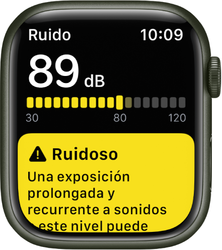 Una notificación de Ruido sobre un nivel de sonido de 89 decibelios. Debajo aparece un aviso sobre la exposición a largo plazo a este nivel de sonido.