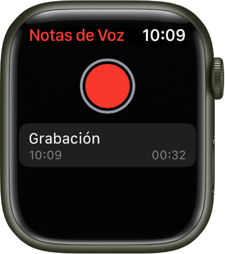 Un Apple Watch con la pantalla Notas de Voz. Un botón rojo de Grabar aparece casi al principio. Debajo aparece una nota de voz. La nota muestra la hora a la que se grabó y su duración.