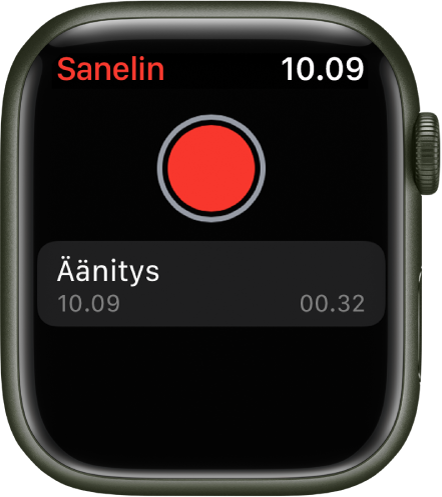 Apple Watch, jossa näkyy Sanelin-näyttö. Tallenna-painike on ylhäällä. Tallennettu sanelu näkyy alapuolella. Sanelussa näkyy sen tallennusaika ja pituus.