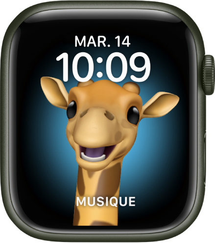 Le cadran Memoji, sur lequel vous pouvez modifier le personnage Memoji et une complication en bas. Touchez l’écran pour animer le Memoji. La date et l’heure sont en haut et la complication Musique est en bas.