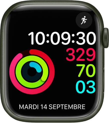 Cadran Activité numérique montrant l’heure ainsi que la progression vers les objectifs « Me lever », « Bouger » et « M’entraîner ». Il y a aussi deux complications : Exercice en haut à droite, et Calendrier, avec la journée, le mois et la date en bas.