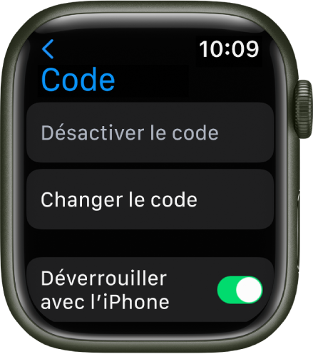 Réglages Code sur l’Apple Watch avec le bouton « Désactiver le code » en haut, le bouton « Changer le code » en dessous et le commutateur « Déverrouiller avec l’iPhone » en bas.