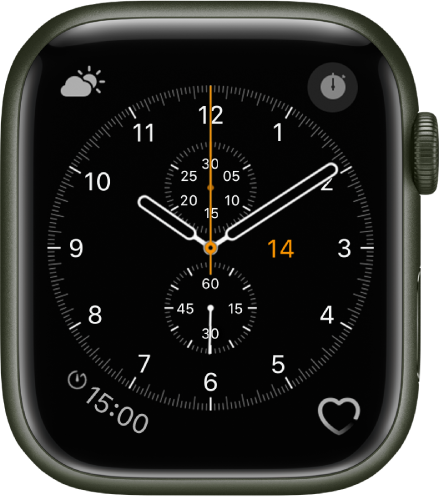 Cadran Chronographe, sur lequel vous pouvez ajuster la couleur et les détails du cadran. Il affiche quatre complications : « Conditions météo » en haut à gauche, Chronomètre en haut à droite, Minuteurs en bas à gauche et « Fréquence cardiaque » en bas à droite.