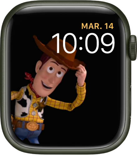 Le cadran « Toy Story » affiche le jour, la date et l’heure en haut à droite, et un Woody animé à gauche de l’écran.