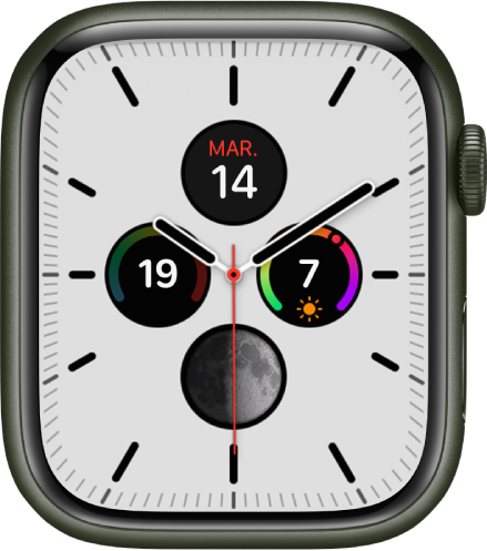 Cadran Méridien, sur lequel vous pouvez ajuster la couleur et les détails du cadran. Il affiche quatre complications au sein d’un cadran de montre : Calendrier en haut, « Indice UV » à droite, « Phase de lune » en bas et Température à gauche.
