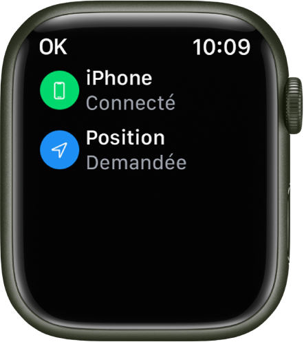 Les détails d’état indiquant que l’iPhone est connecté et que la position de l’Apple Watch a été demandée.