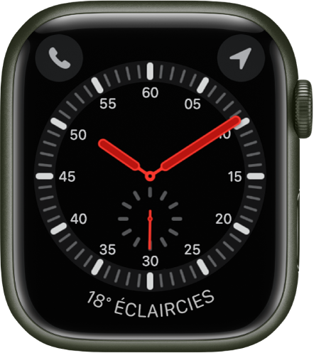 Le cadran Exploration représente une montre analogique. Il affiche trois complications : Téléphone en haut à gauche, Boussole en haut à droite et Météo en bas.