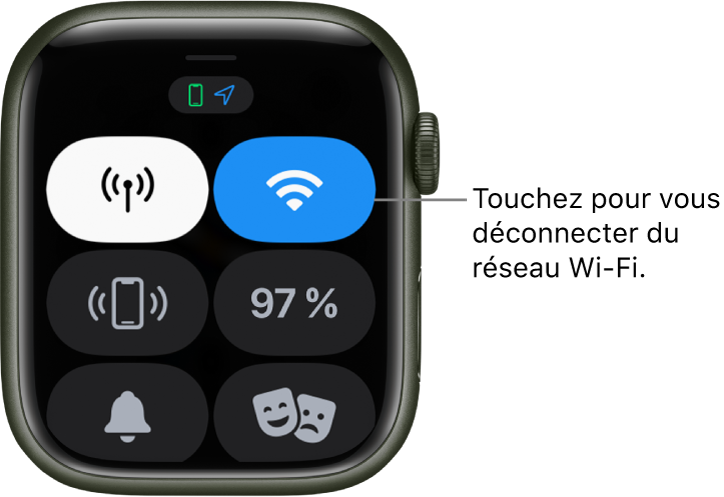 Le Centre de contrôle sur l’Apple Watch (GPS + Cellular), avec le bouton Wi-Fi dans le coin supérieur droit. La légende indique « Touchez pour vous déconnecter du Wi-Fi ».