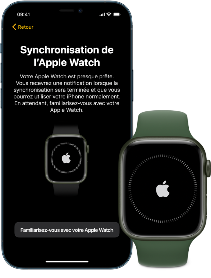 Un iPhone et une Apple Watch affichant leur écran de synchronisation.