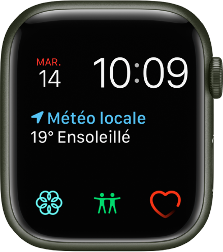Cadran Modulaire, sur lequel vous pouvez modifier la couleur du cadran. Il affiche l’heure et la date vers le haut de l’écran, la complication « Conditions météo » au milieu et trois complications de sous-cadrans en bas : « Pleine conscience », « Localiser des personnes » et « Fréquence cardiaque »