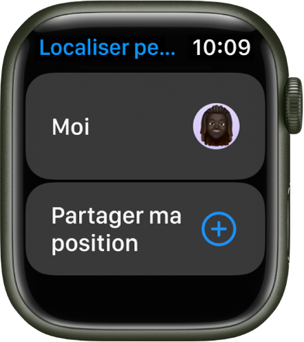 L’app Localiser des personnes affichant des entrées pour vous-même ainsi qu’un bouton « Partage ma position ».
