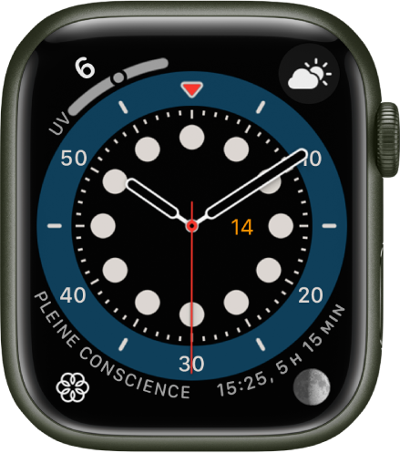 Le cadran Chronométrie. Il affiche quatre complications : « Indice UV » en haut à gauche, « Conditions météo » en haut à droite, « Pleine conscience » en bas à gauche et Lune en bas à droite.