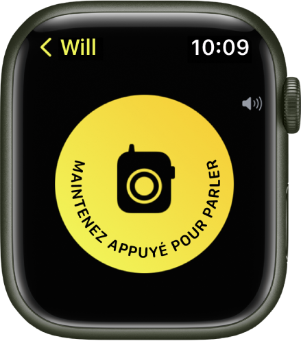 L’écran Talkie-walkie affichant un grand bouton Parler au centre. Le bouton Parler indique « Maintenez appuyé pour parler ».
