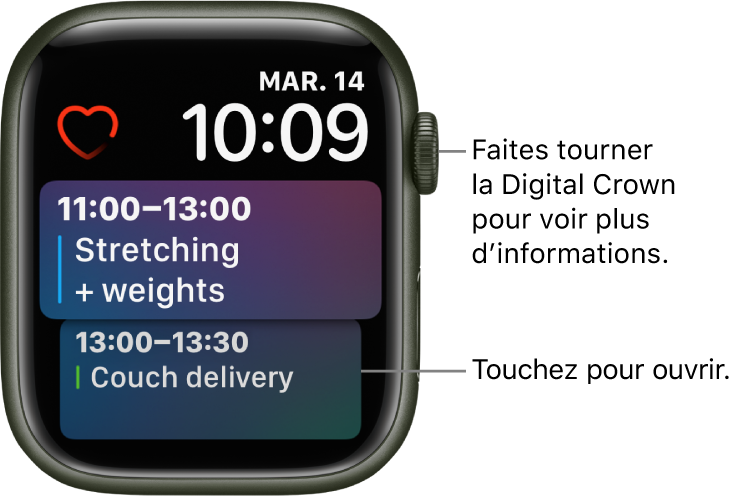 Cadran Siri affichant un rappel et un évènement du calendrier. Une complication « Fréquence cardiaque » se situe en haut à gauche de l’écran. La date et l’heure sont affichées en haut à droite. Une complication « Programme de calendrier » se trouve en dessous. Elle affiche deux évènements.