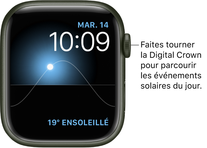 Le cadran Graphique solaire affichant le jour, la date et l’heure. Ces trois options ne peuvent pas être modifiées. Une complication Météo apparaît en bas à droite. Faites tourner la Digital Crown pour voir le crépuscule, l’aube, le soleil à son zénith ou se coucher, puis la nuit.