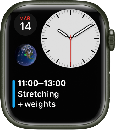 Le cadran « Modulaire compact » montre une horloge analogique en haut à droite, une complication Calendrier en haut à gauche, une complication Astronomie au milieu et une complication « Programme de calendrier » en bas.
