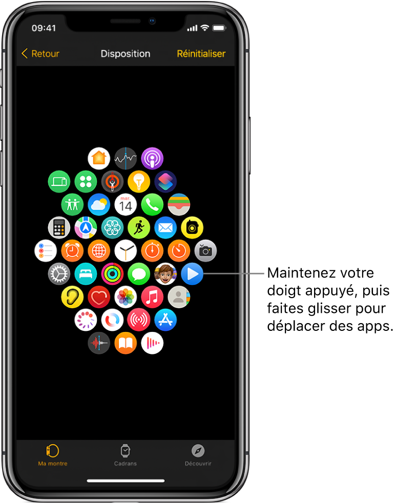L’écran Disposition de l’app Apple Watch présentant une grille d’icônes.