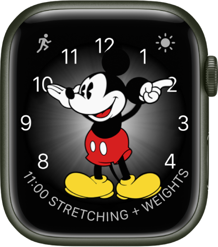 Cadran Mickey Mouse, auquel vous pouvez ajouter de nombreuses complications. Il affiche trois complications : Exercice en haut à gauche, « Conditions météo » en haut à droite et « Programme de calendrier » en bas.