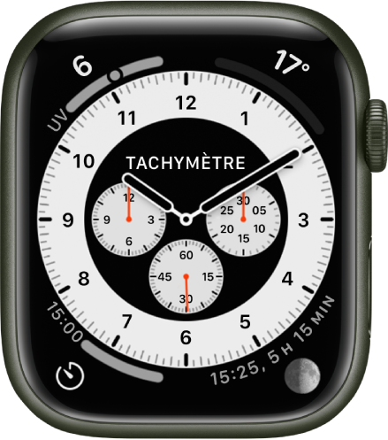 La variante Tachymètre sur le cadran Chronographe Pro. Il affiche quatre complications : « Indice UV » en haut à gauche, Température en haut à droite, Minuteurs en bas à gauche et Lune en bas à droite.
