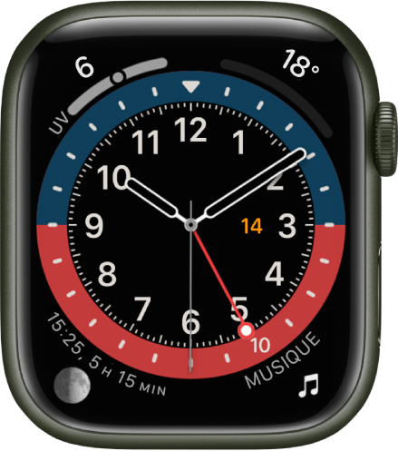 Cadran GMT, sur lequel vous pouvez ajuster la couleur. Il affiche quatre complications : « Indice UV » en haut à gauche, Température en haut à droite, Lune en bas à gauche et Musique en bas à droite.