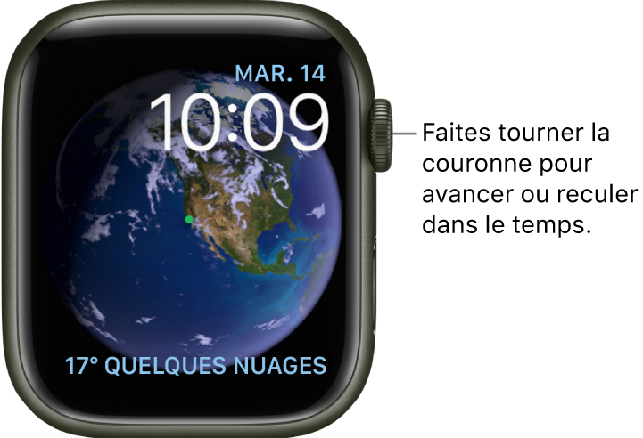 Cadran Astronomie, qui montre le jour, la date et l’heure. Une complication Météo se trouve en bas à droite. Faites tourner la Digital Crown pour avancer ou reculer dans le temps.