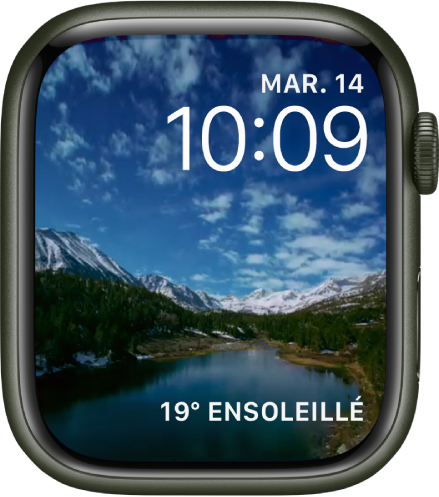 Le cadran Accéléré affiche une vidéo en accéléré d’un paysage. En bas se trouve la complication Météo.