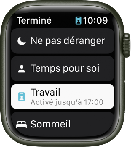 La liste des modes de concentration contient « Ne pas déranger », « Temps pour soi », Travail et Repos. Le mode de concentration Travail est activé.