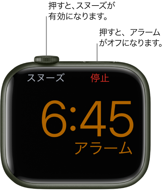 横向きに置かれたApple Watch。画面には作動中のアラームが表示されています。Digital Crownの下には「スヌーズ」という言葉が表示されています。「停止」という言葉はサイドボタンの下に表示されています。
