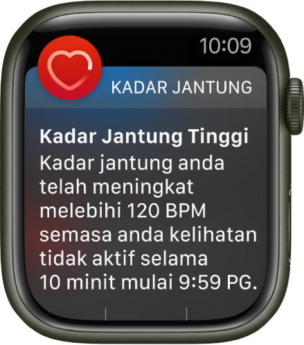 Skrin Kadar Jantung Tinggi menunjukkan pemberitahuan yang kadar jantung anda meningkat melebihi 120 BPM semasa anda tidak aktif selama 10 minit.