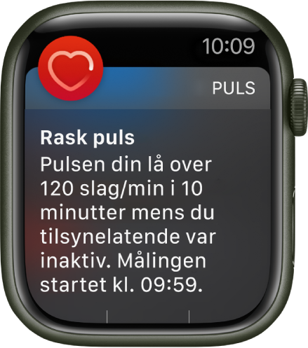 Høy puls-skjermen som viser en varsling om at pulsen din lå over 120 slag per minutt mens du har vært inaktiv i 10 minutter.