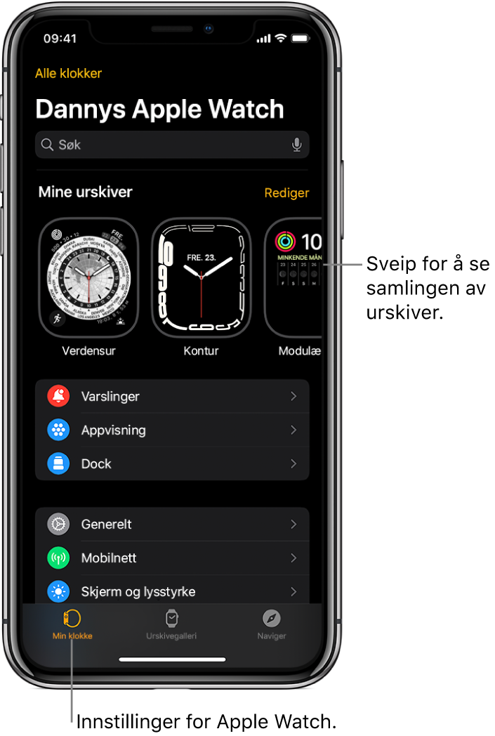 Apple Watch-appen på iPhone med Min klokke-skjermen, som viser urskivene dine på toppen og innstillinger nedenfor. Det er tre faner nederst på skjermen for Apple Watch-appen. Den venstre fanen er Min klokke, hvor du går for å finne Apple Watch-innstillinger. Den neste fanen er Urskivegalleri, hvor du kan utforske tilgjengelige urskiver og komplikasjoner. Deretter følger Oppdag, hvor du kan finne ut mer om Apple Watch.