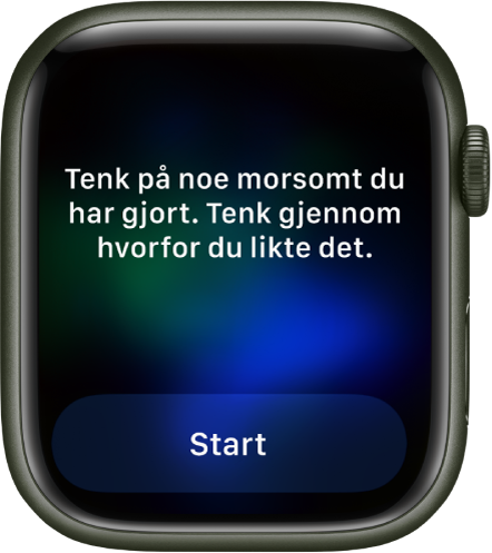 Mindfulness-appen viser en tanke du kan reflektere over – «Tenk på noe morsomt du har gjort. Tenk gjennom hvorfor du likte det.» Under vises en Start-knapp.