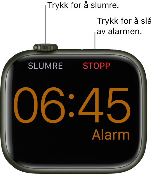 En Apple Watch som er plassert på siden, der skjermen viser at en alarm har ringt. Nedenfor Digital Crown står ordet «Slumre». Ordet «Stopp» står under sideknappen.