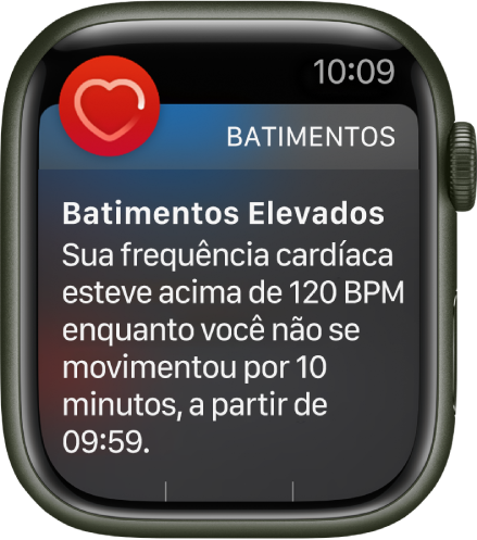 Tela Batimentos Elevados mostrando uma notificação que indica que os batimentos passaram de 120 BPM quando o usuário estava inativo por 10 minutos.