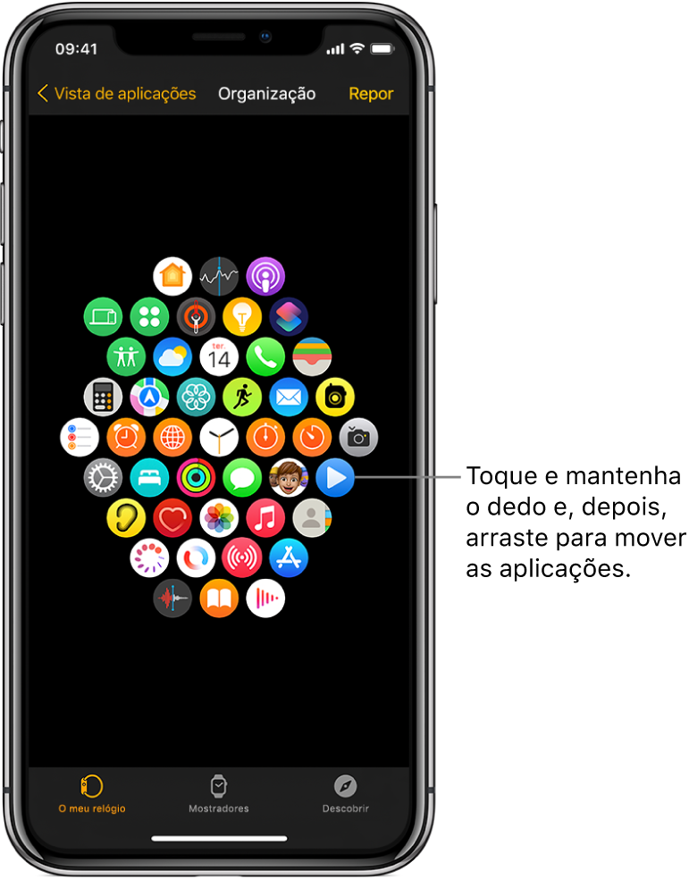 O ecrã Organização na aplicação Apple Watch, com uma grelha de ícones.