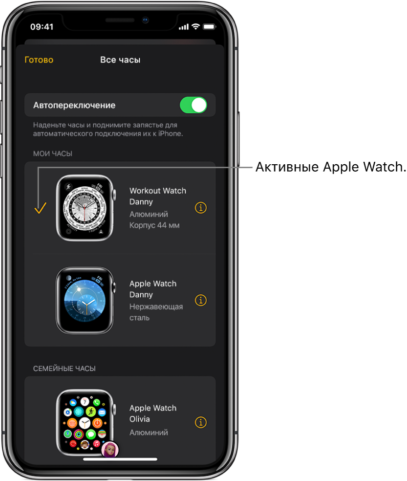 Экран «Все часы» в приложении Apple Watch. Галочкой отмечены активные Apple Watch.