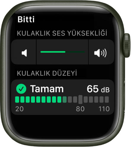 Kulaklık Ses Yüksekliği ekranı, en üstte bir ses yüksekliği denetimini ve onun altında o anki kulaklık ses yüksekliğini görüntüleyen bir ölçeri gösteriyor. Ses yüksekliği düzeyi 65 dB ve “Uygun” olarak işaretlenmiş.