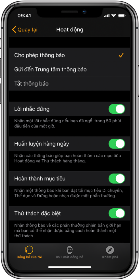 Màn hình Hoạt động trong ứng dụng Apple Watch, nơi bạn có thể tùy chỉnh các thông báo bạn muốn nhận.