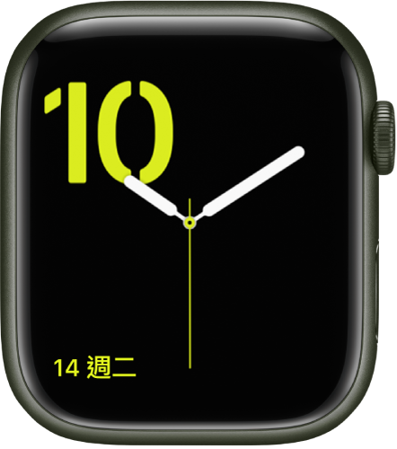 「數字」錶面,以綠色顯示印刷字樣,「行事曆」複雜功能位於左下方。