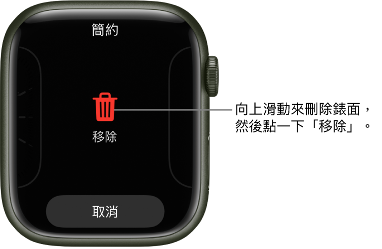 Apple Watch 畫面顯示「移除」和「取消」按鈕,會在您滑動至錶面時顯示,然後向上滑動來刪除。