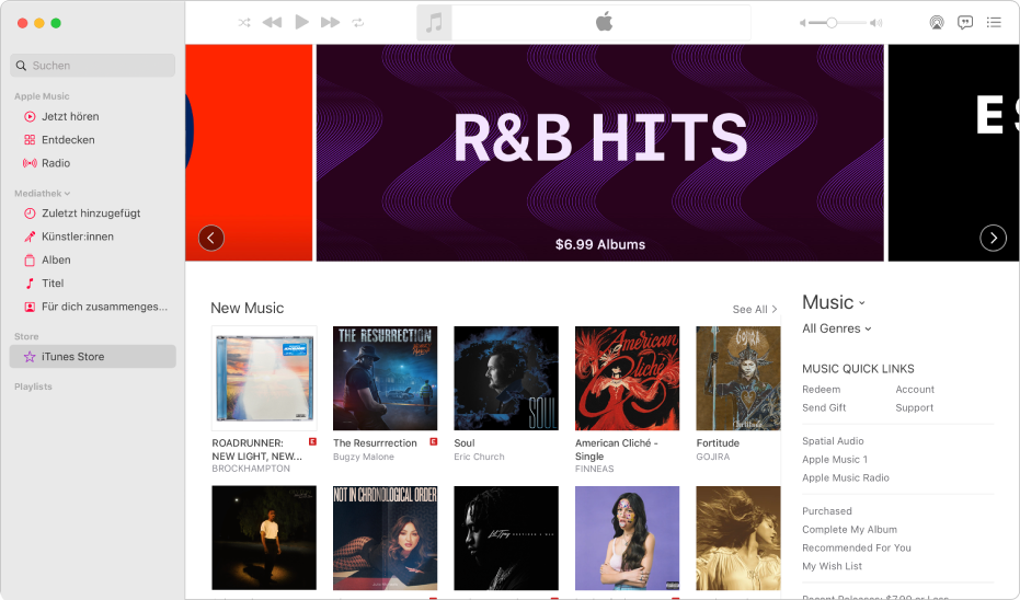 Das Hauptfenster des iTunes Store: In der Seitenleiste ist „iTunes Store“ hervorgehoben.