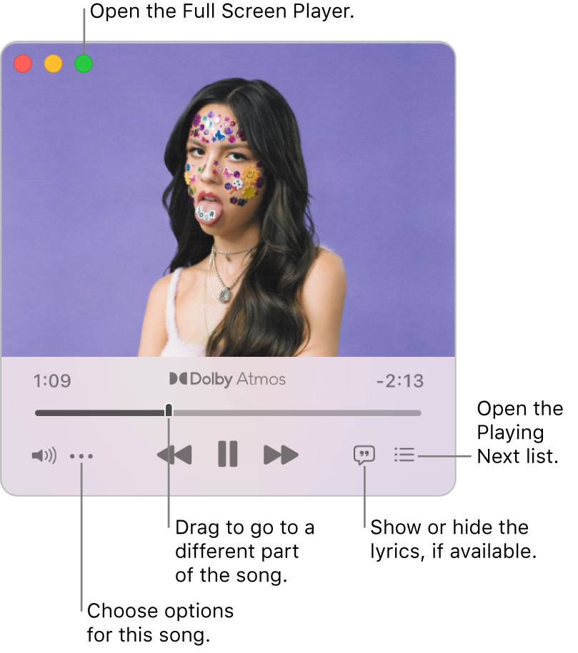 Expanded MiniPlayer showing the controls for the song that’s playing. In the top-left corner is the green button used to open the Full Screen Player. In the bottom of the window is a slider that you can drag to go to a different part of the song. Below the slider on the left side is the More button, where you can choose view options and other options for the song that’s playing. On the far right below the slider are two buttons — the Lyrics button to show or hide available lyrics and the Playing Next button to see what’s playing next.