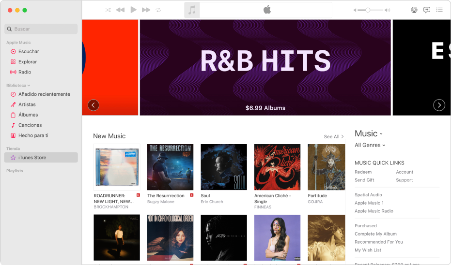 La ventana principal de iTunes Store: iTunes Store se muestra resaltada en la barra lateral.