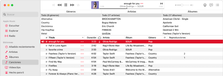 La ventana principal de la app Música: El navegador de columnas está a la derecha de la barra lateral y encima de la lista de canciones.