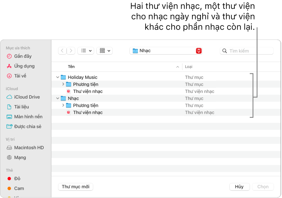 Cửa sổ Finder đang hiển thị nhiều thư viện - một thư viện cho nhạc ngày nghỉ và thư viện khác cho phần nhạc còn lại của bạn.
