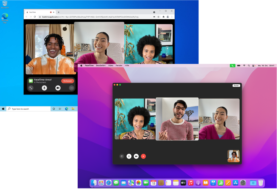 Auf einem MacBook Pro findet ein FaceTime-Gruppenanruf statt. Dahinter befindet sich ein PC, auf dem ein FaceTime-Gruppenanruf über das Internet läuft.