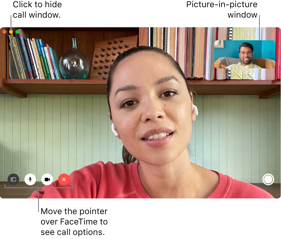 Move the pointer over the FaceTime window to see options such as the Sidebar, Mute, Mute Video, End Call, and Live Photo buttons. Click the middle button in the top-left corner to hide the call window. The picture-in-picture window appears in the top-right corner.