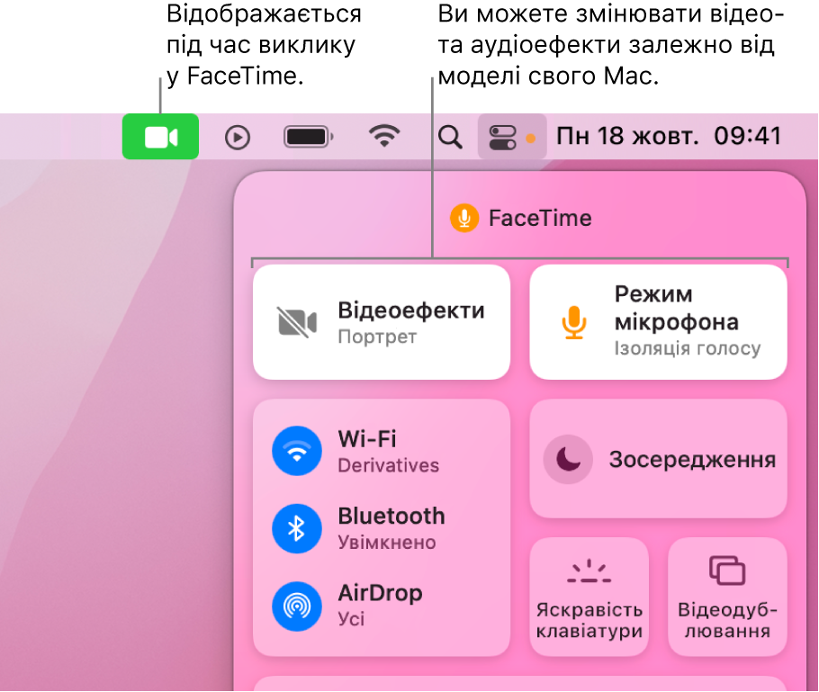 Центр керування в правому верхньому куті екрана Mac, у якому показано іконку FaceTime (відображається за участі у виклику FaceTime), а також елементи «Відеоефекти» та «Режим мікрофона» (які впливають на зображення та ефекти залежно від вашого Mac).