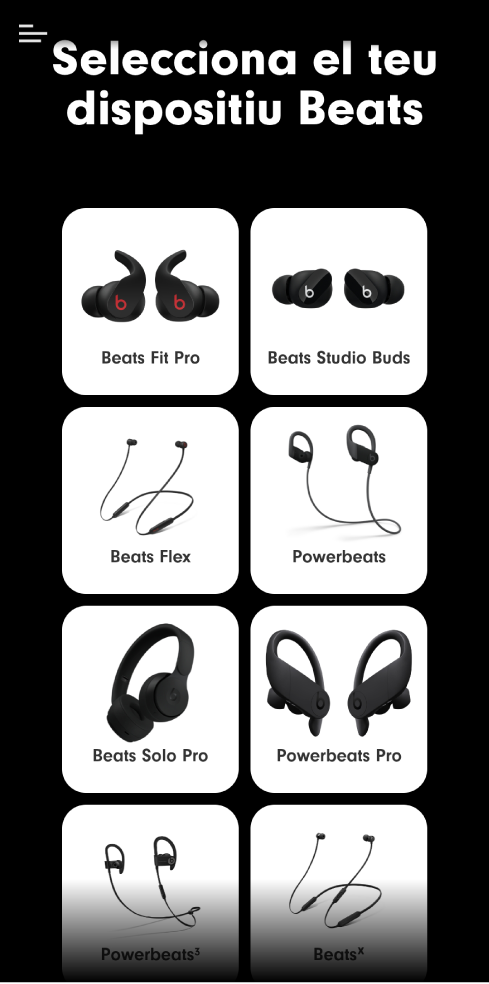Pantalla “Selecciona el teu dispositiu Beats” que mostra els dispositius compatibles